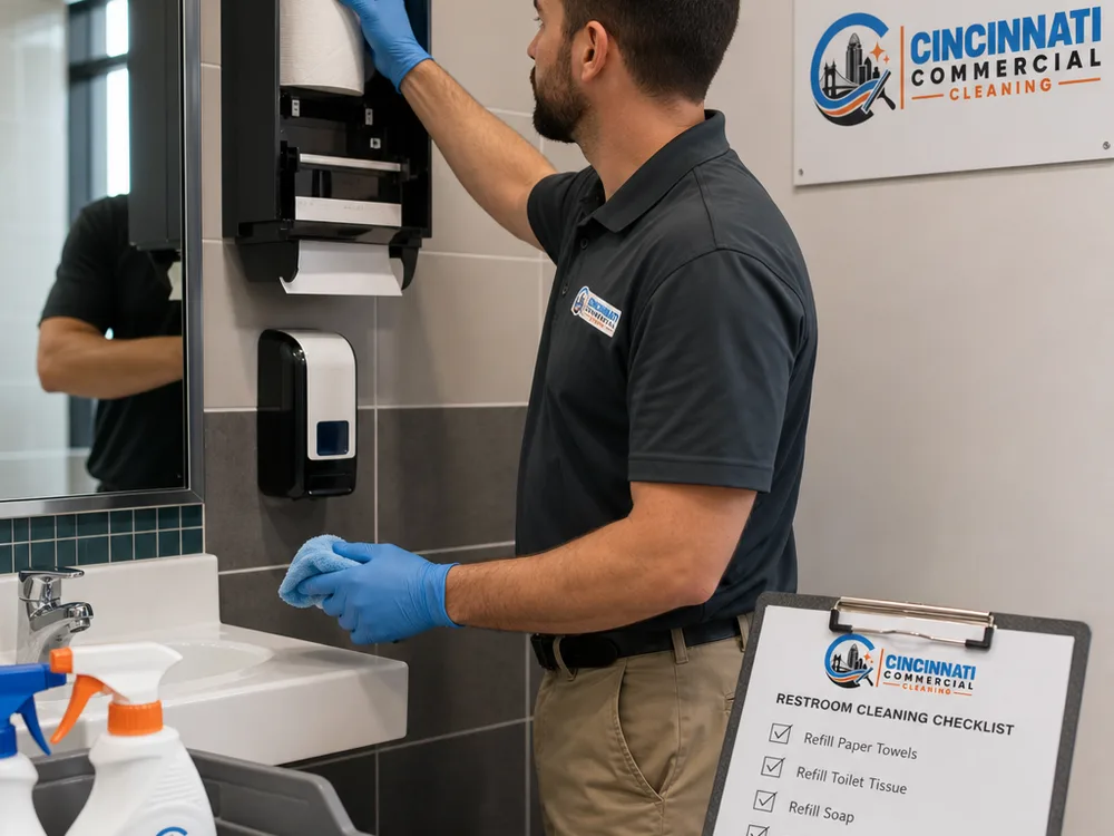 Cleaner restocking commercial restroom dispensers and wiping high-touch points with labeled products and a visible checklist