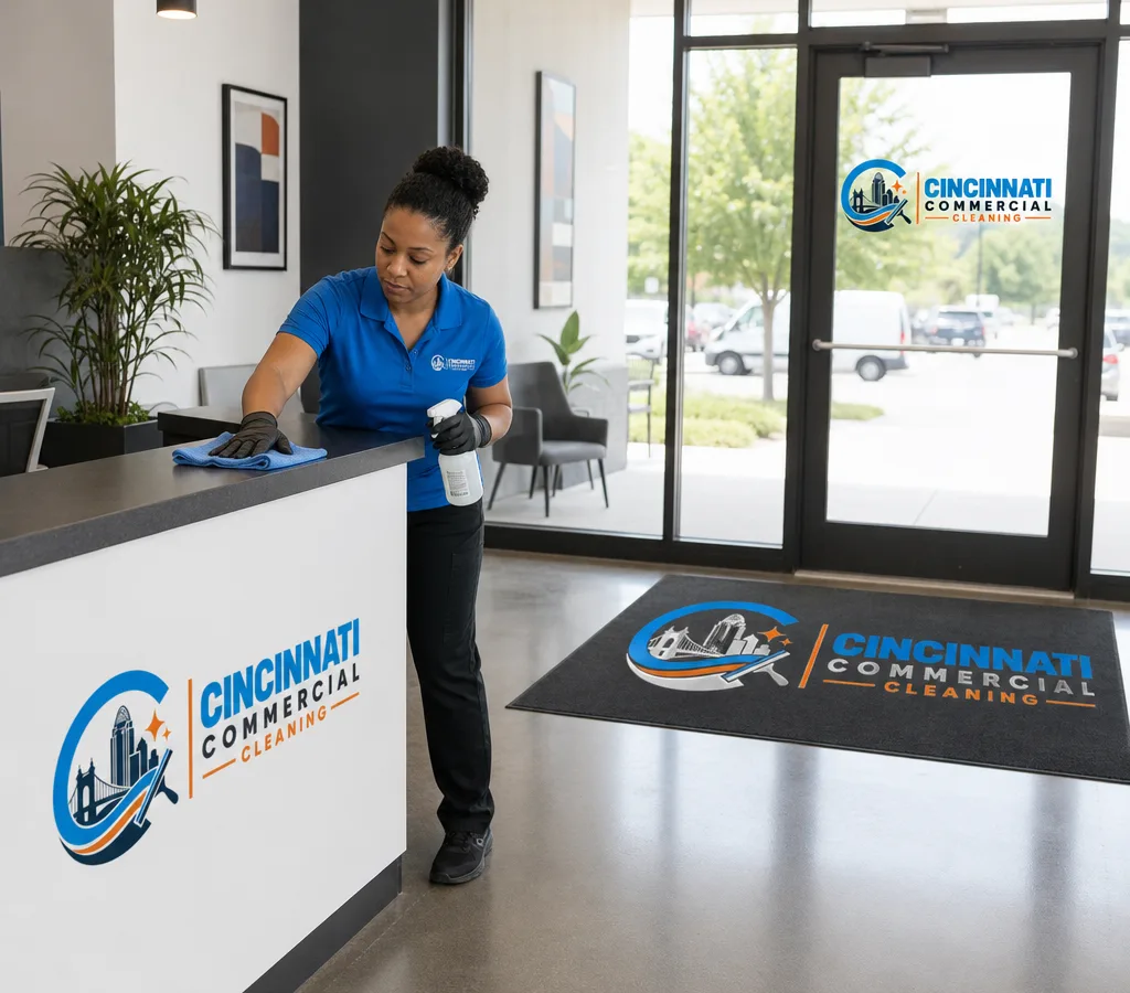 Daytime commercial cleaner wiping a reception counter and glass entry door in a modern Cincinnati office lobby