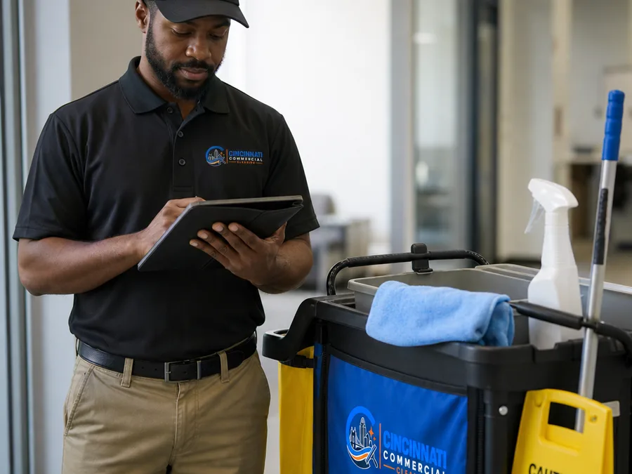 Uniformed cleaning team member reviewing a checklist near a janitorial cart in a commercial setting